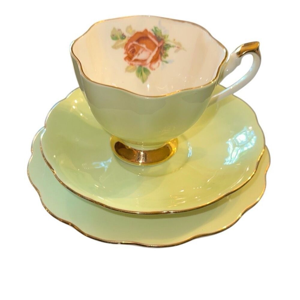 Vintage Queen Anne Fine Bone China Teacup, Saucer, & Tea Plate Trio Pastel green